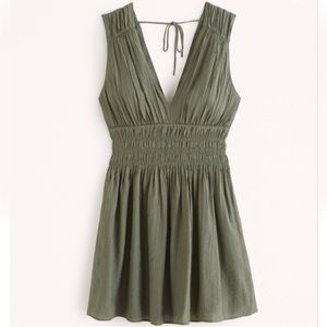 Abercrombie & Fitch Smocked Plunge Crinkle Mini Dress - olive NWOT